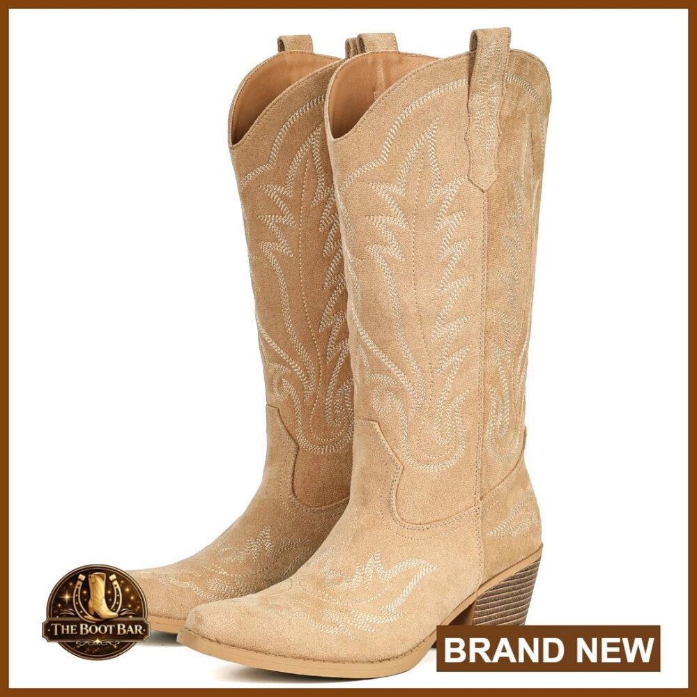 Suede Cowboy Boots Women Western Mid Calf Embroidered Snip Toe Chunky Heel - Picture 1 of 6